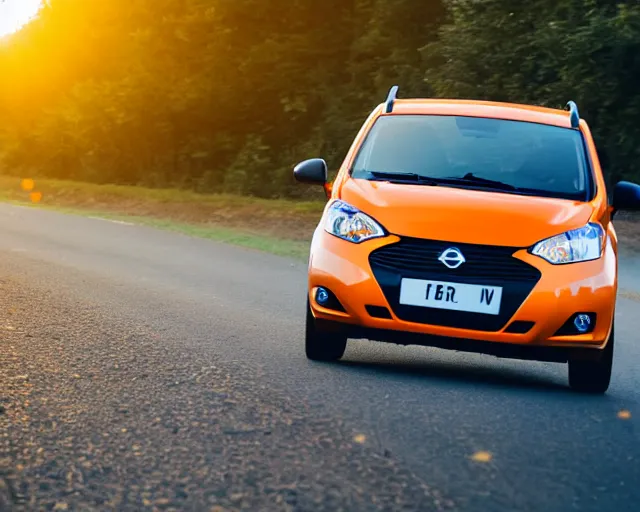 Image similar to border collie dog in the driver's seat of an orange nissan note, paws on wheel, car moving fast, rally driving photo, award winning photo, golden hour, front of car angle, motion blur