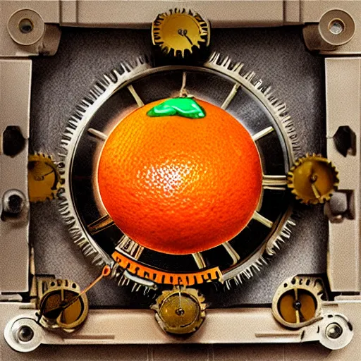 Image similar to orange fruit with clockwork mechanisms inside of it, high definition, professional artwork, mood lighting