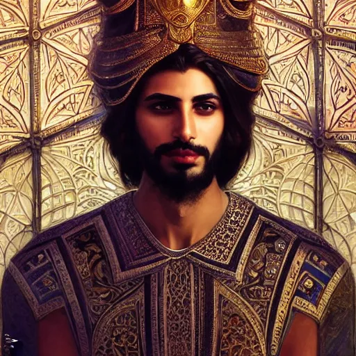 Image similar to Beautiful portrait of a Persian Prince who is an architect, handsome, face painting, attractive young man, architecture, dramatic lighting, intricate, wild, highly detailed, digital painting, artstation, persian style architecture, concept art, smooth, sharp focus, illustration, art by artgerm and greg rutkowski and alphonse mucha, footage from space camera