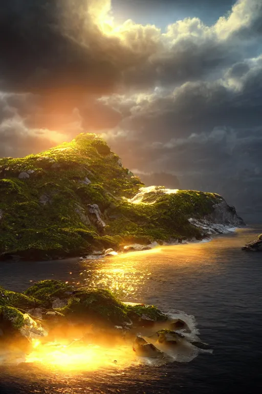 Image similar to a tiny magical island in the ocean, dramatic lighting, cinematic, establishing shot, extremely high detail, foto realistic, cinematic lighting, post processed, concept art, high details, cinematic, 8k resolution, beautiful detailed, photorealistic, digital painting, artstation, concept art, smooth, sharp focus, artstation trending, octane render, unreal engine