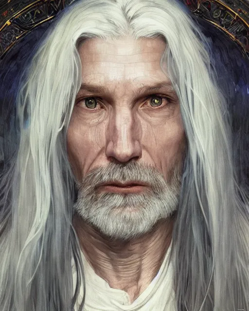 Image similar to portrait of 4 0 - year - old man with long white hair with a pale complexion, pointed face and grey eyes, hyper realistic face, beautiful eyes, fantasy art, in the style of greg rutkowski, intricate, alphonse mucha, hyper detailed, smooth