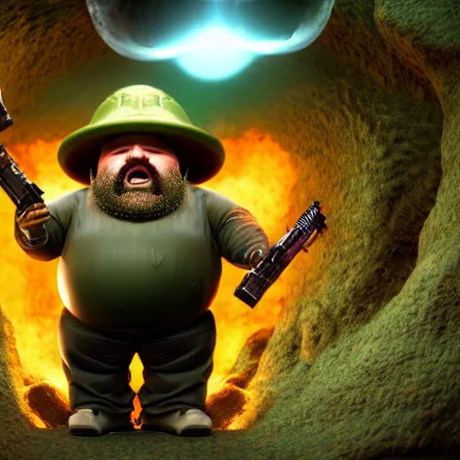 Prompt: highly detailed octane render of a short ugly fat man with a giant beard, holding a grenade launcher, wearing battle armour, goggles and a safety hat whilst laughing at a green mushroom cloud surrounded by dead insects in a cave