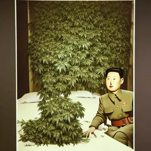 Prompt: araki nobuyoshi style photography of realistic detailed north korean kim chen with detailed face smelling detailed weed bush in detailed basement bedroom ultraviolet light