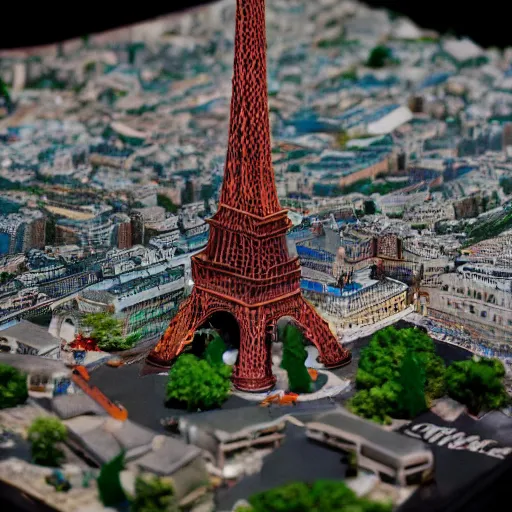 Image similar to a detailed photo of a diorama city, paris eiffel tower, macro photography, zoom, model trees, table, studio lighting