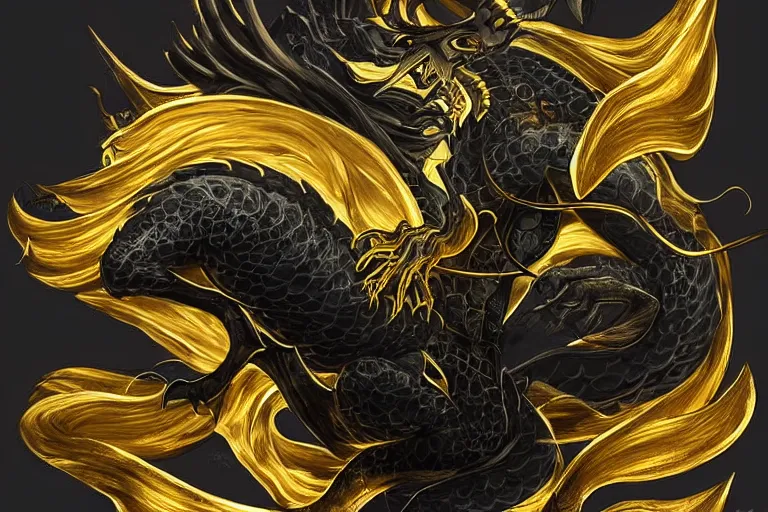 Image similar to full body digital illustration of a young dragon of black and gold by randy vargas,, clouded and with a bitcoin patterned logo in the lower left cornerpastel, concept art, matte background, deviantart, artstation