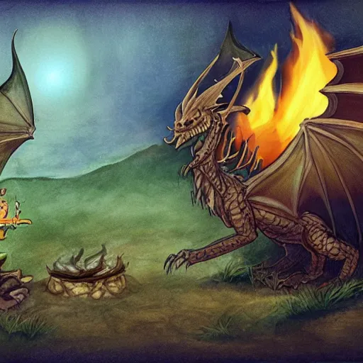 Image similar to wingless dragon telling a story around a campfire, in the style of brian froud