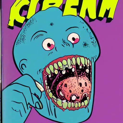 Image similar to ice cream monster man laughing, 1 9 8 6 horror painted art book cover, thick lines