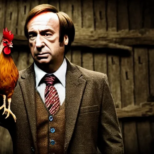 Prompt: saul goodman and a rooster in a medieval torture chamber, saw blades and knives in the background, horror movie, saul goodman!, rooster!!!!, real life photo, highly detailed face