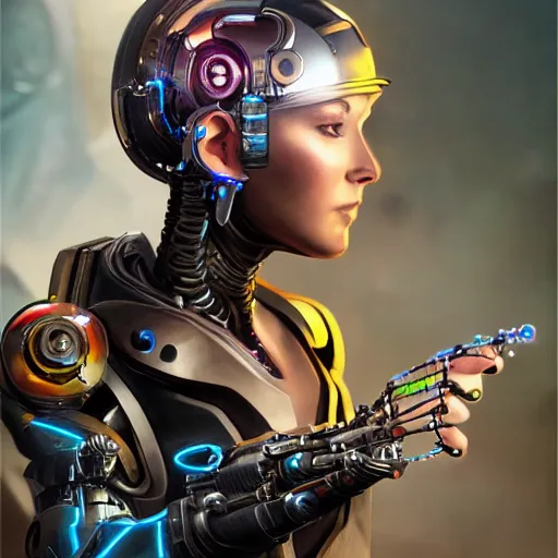 Image similar to portrait of a female cyborg character, chrome, vr headset, wires, side profile, in style of a magic the gathering trading card with high details