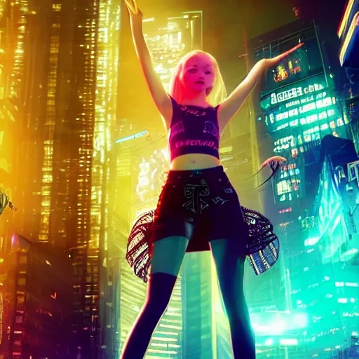 Prompt: a girl like (yoona, Elle Fanning), dancing, background cyberpunk city, kpop, fullshot, photo, volumetric lighting, epic composition, intricate details, dark neon punk, by KDA