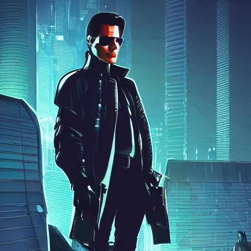 Image similar to cyberpunk tom cruise, sharp lines, digital, artstation, colored in