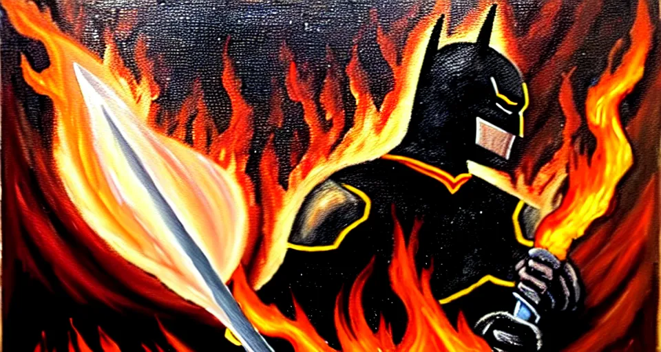 Image similar to An oil painting of a dark knight wielding a flaming sword