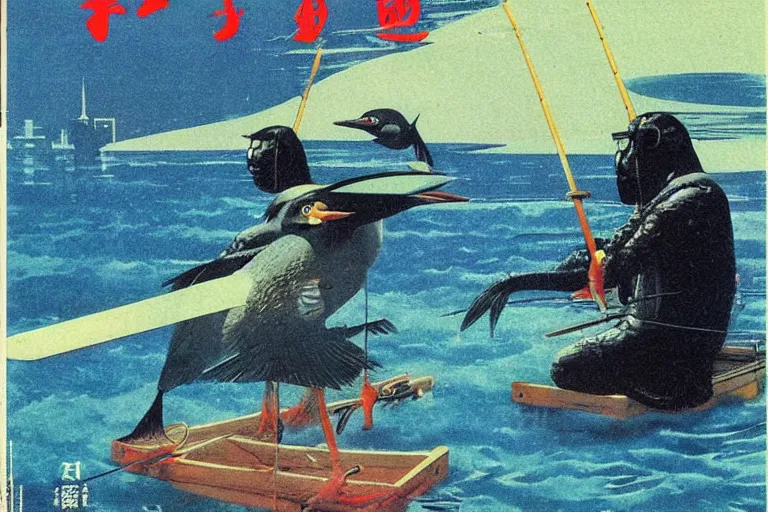 Image similar to 1 9 7 9 omni magazine cover of japanese cormorant fishing near tokyo. art in cyberpunk style by dali, and vincent di fate