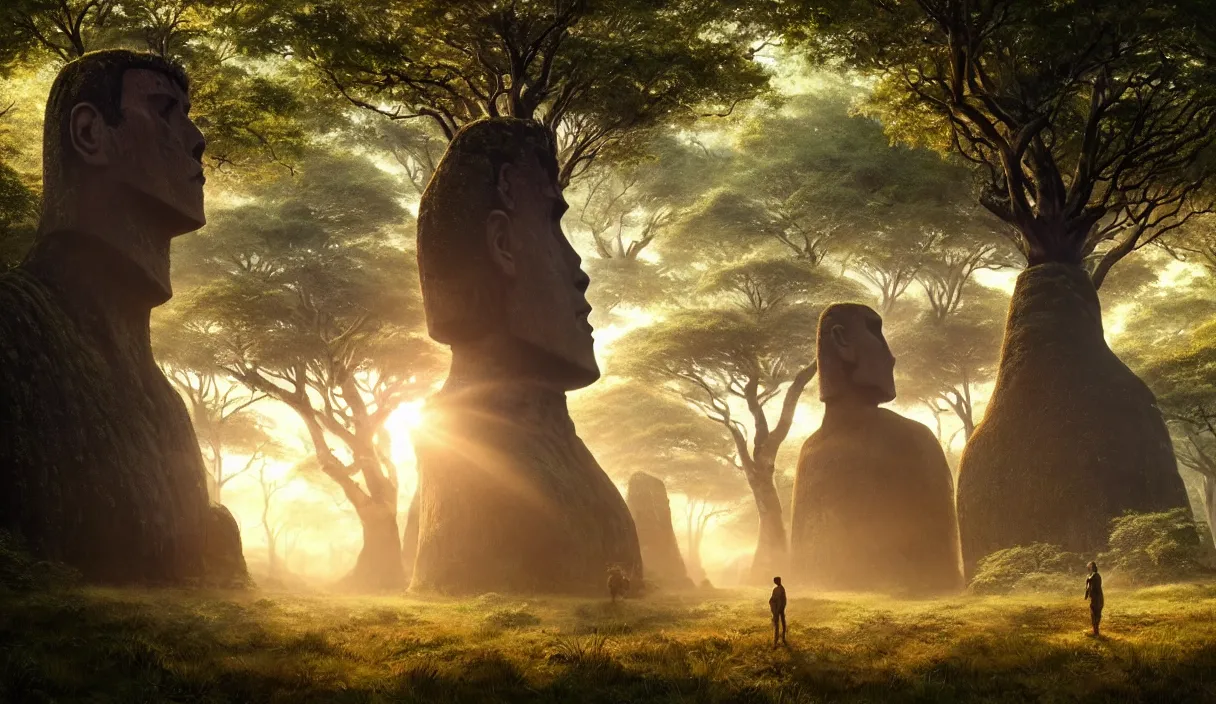 Image similar to detailed intricate digital landscape illustration by greg rutkowski and artgerm and wlop and sanford robinson gifford ; moai statue in yggdrasil forest thick trees ; 1 3 mm film still, wide angle arri alfa anamorphic lens, motion blur ; sharp focus, soft evening lighting with gleaming sun rays ; trending on artstation 4 k