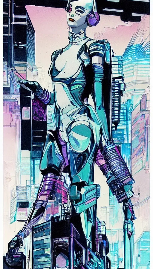 Image similar to concept art of a female cyberpunk character, film noir, art deco, pastel colors, detailed ink drawing, by Syd Mead, by Moebius