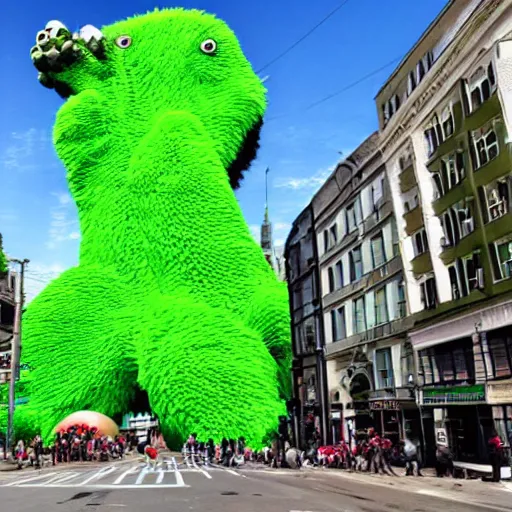 Prompt: green popcorn giant monster destroying city