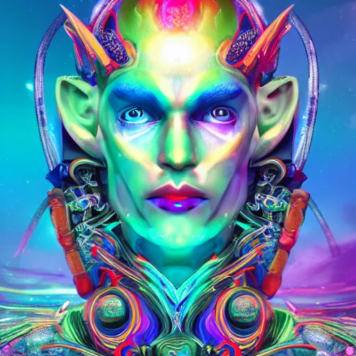 Prompt: portrait of colorful psychedelic godlike machine elves in another plane of existence and transcendence, trending on artstation