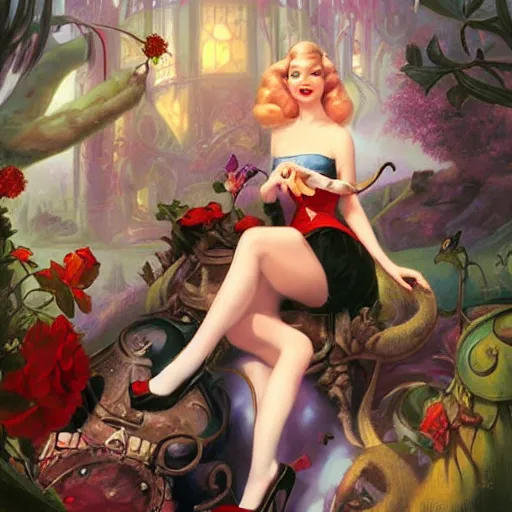 Prompt: Alice in wonderland, detailed painting by Ross Tran and Gil Elvgren