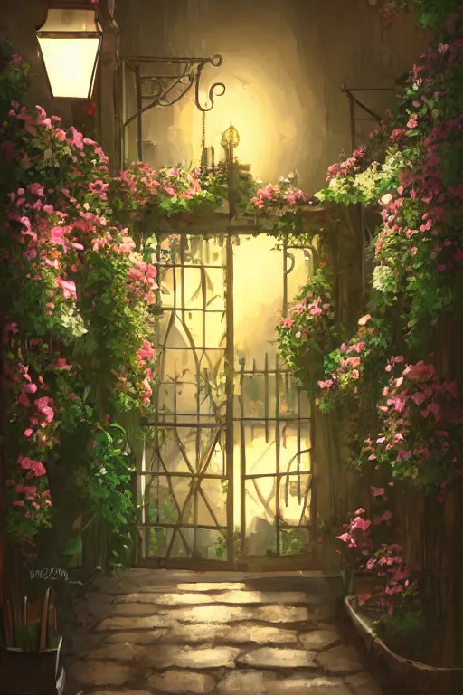 Prompt: a little flower shop's front gate, refreshing, digital illustration, pixiv, dramatic lighting