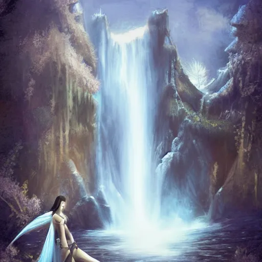 Prompt: A woman with a sword stands under a waterfall, the middle ages, knight\'s armor, digital art, beautiful