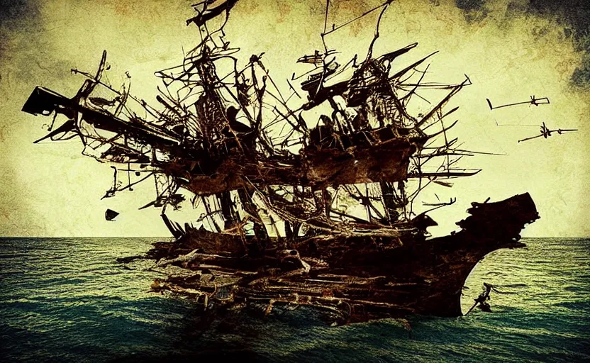 Image similar to “Pirate ship wreck falling from the sky, digital art, cinematic, award winning”