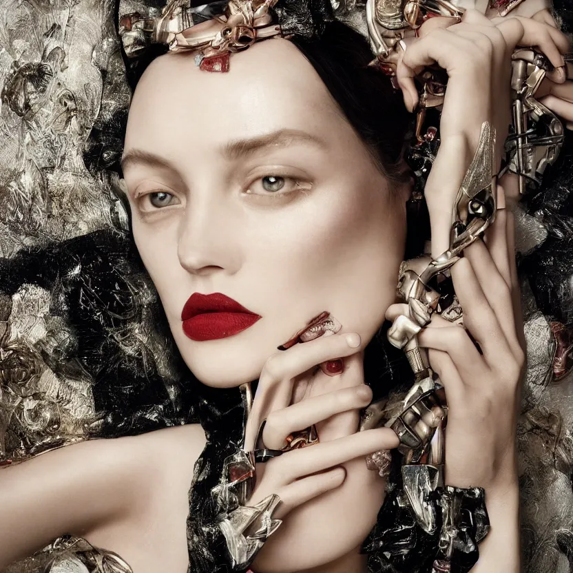 Image similar to stunning close up portrait of a woman from a fashion model with large prada dress, symmetrical face, sci-fi skin, in parisian luxury studio decorated, official prada editorial, by Hendrik Kerstens, by Zhang Jingna, by norman rockwell, highly detailed