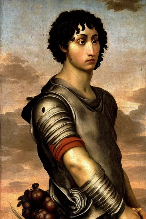 Prompt: renaissance painting of man, short black hair, pleading face, tears dripping from the eyes, emotions closeup, dressed in roman armour, the beautiful garden, ultra detailed, art by Guido Reni style, Vincenzo Catena style