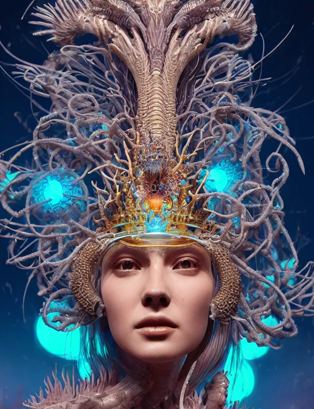 Image similar to render of goddess macro close - up portrait with crown made of phoenix ram skull. betta fish, jellyfish phoenix, bioluminiscent, plasma, ice, water, wind, creature, super intricate ornaments artwork by tooth wu and wlop and beeple and greg rutkowski