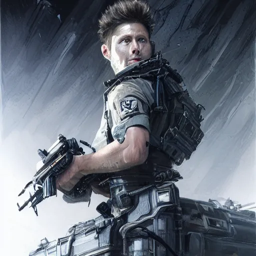 Image similar to portrait of a man by greg rutkowski, jenzen ackles as a weyland - yutani mercenary, from aliens franchise, he is about 3 0 years old, military composure, wearing white and black colored tactical gear, highly detailed portrait, digital painting, artstation, concept art, smooth, sharp foccus ilustration, artstation hq