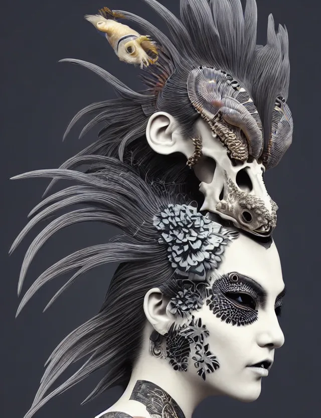 Image similar to 3 d goddess close - up profile simple portrait punk with mohawk with goat skull. beautiful intricately detailed japanese crow kitsune mask and clasical japanese kimono. betta fish, jellyfish phoenix, bio luminescent, plasma, ice, water, wind, creature, artwork by tooth wu and wlop and beeple and greg rutkowski