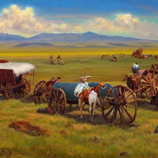 Prompt: a pioneer caravan of covered wagons, oil painting, great plains, american pioneers, oregon trail, fluffy clouds, wide view, epic, colors, ultra realistic