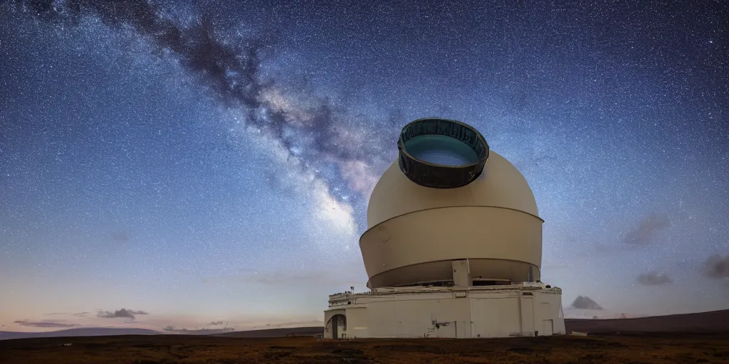 Prompt: huge telescope on mauna kea, starry sky in background, blue color scheme, wide - angle lens, by hiroshi yoshida