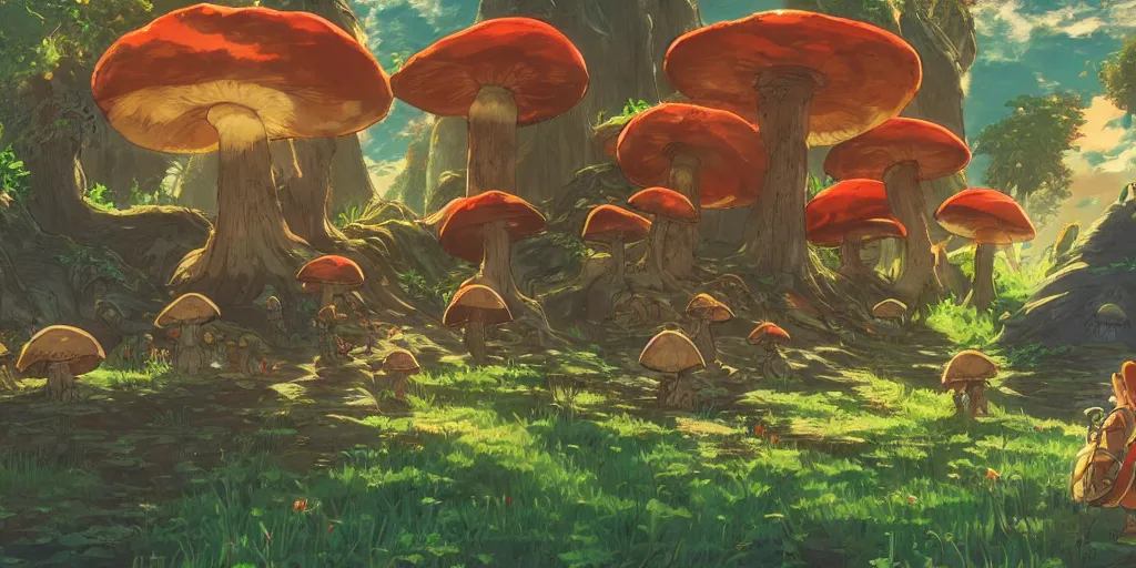 Image similar to epic mushrooms, vivid tones, wide angle, by miyazaki, nausicaa, studio ghibli, breath of the wild