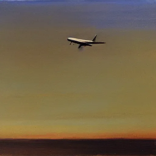 Image similar to a painting of a plane flying in the sky, a minimalist painting, australian tonalism, oil on canvas