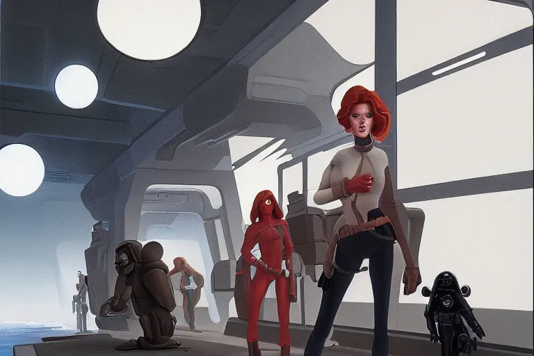 Image similar to mara jade infiltrating a black sun facility on nar shaddaa, painting by ralph mcquarrie