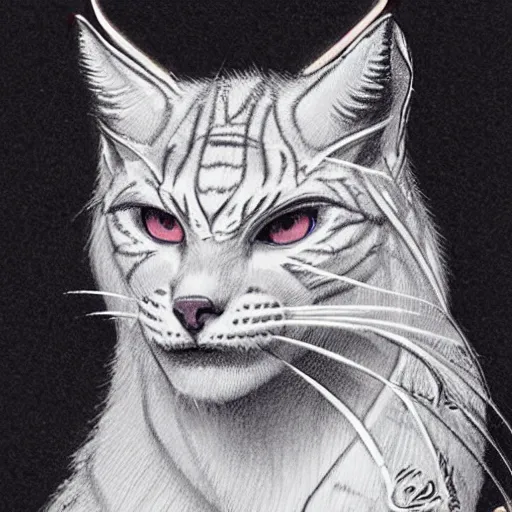 Prompt: sketch of white anthropomorphic lynx cat portrait by Les Edwards and Noriyoshi Ohrai, glowing lines, logo