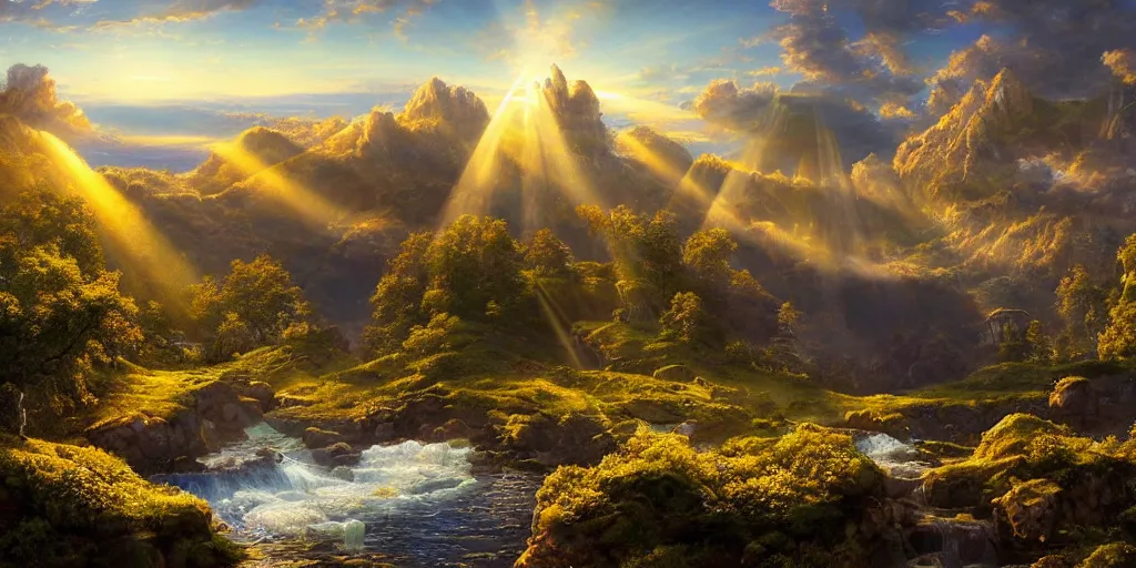 Prompt: an incredibly hyper realistic photorealistic landscape filled with fine detailed intricate priceless gems & jewels, crepuscular rays, specular highlights