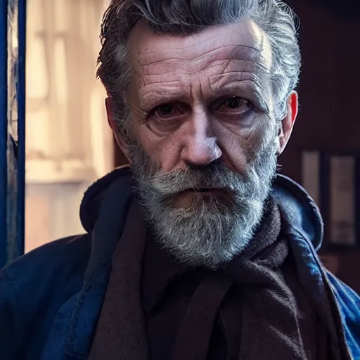 Image similar to tom holland as a rough dirty old man with a scruffy beard in a dark blue trenchcoat as the new doctor who, cinematic, volumetric lighting, f 8 aperture, cinematic eastman 5 3 8 4 film, photorealistic