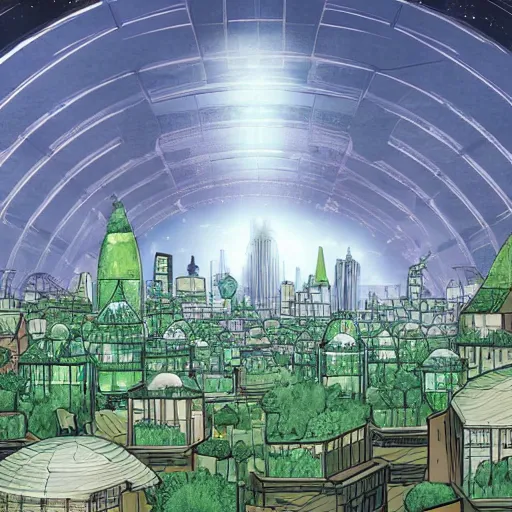 Prompt: a city shrouded in a dome of transparent plants, comic book style, high res