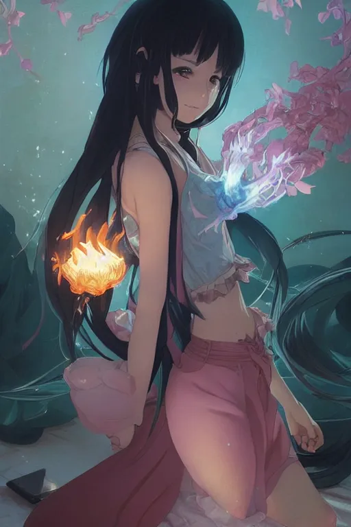 Image similar to anime key visual of a pretty sorcerer girl, wearing sweatpants and a crop top, practicing fire spells in her bedroom, intricate, lofi feel, magical, highly detailed, digital painting, artstation, smooth, hard focus, illustration, art by artgerm and greg rutkowski and alphonse mucha