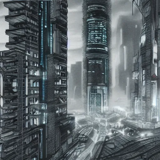 Image similar to a pencil drawing of cyberpunk Manila in the far future