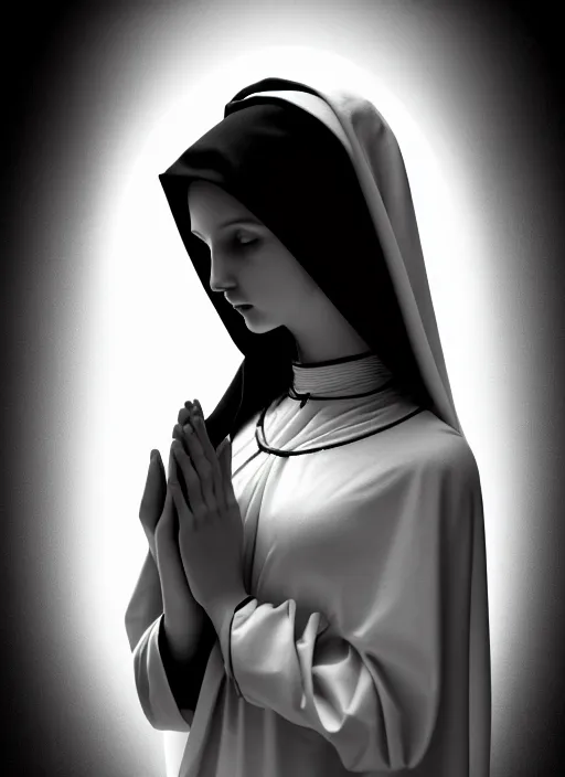 Prompt: surreal mythical dreamy dark artistic black and white fine art fashion portrait photo of a young beautiful delicate female robot - nun praying, spiritual, halo, glory, rim light, cinematic, studio dramatic light, poetic, masterpiece, octane render, 8 k, photo - realistic by gustave dore william bouguereau