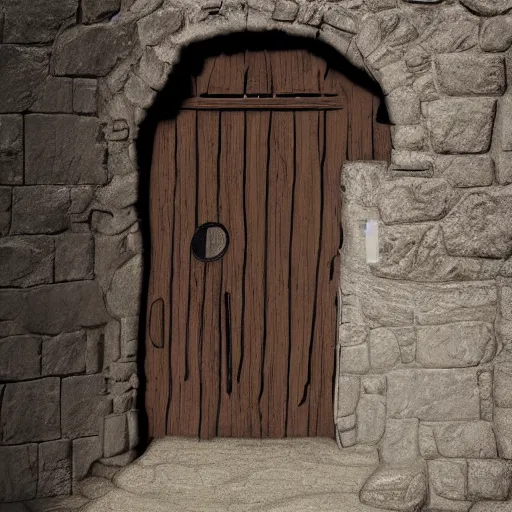 Image similar to A door with a sleeping person hangs on loops, medieval style, dramatic lighting