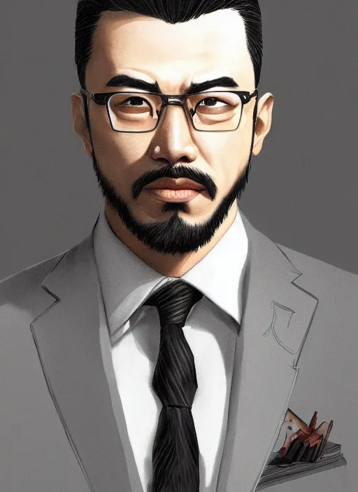 Image similar to a highly detailed illustration of serious short black haired asian man with goatee wearing suit, dramatic reading book pose, muscular, intricate, elegant, highly detailed, centered, digital painting, artstation, concept art, smooth, sharp focus, league of legends concept art, WLOP