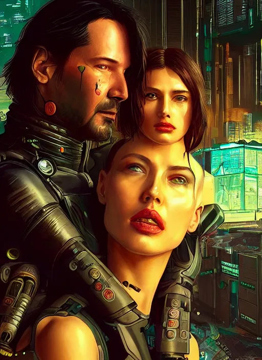 Image similar to a cyberpunk 2077 couple portrait of Keanu Reeves&female android in kiss,love,film lighting,by Laurie Greasley,Lawrence Alma-Tadema,Dan Mumford,artstation,deviantart,FAN ART,full of color,Digital painting,face enhance,highly detailed,8K,octane,golden ratio,cinematic lighting