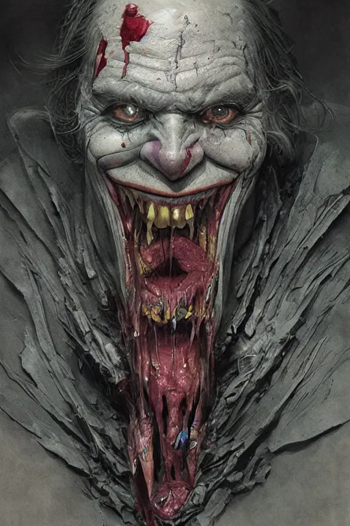 Prompt: Portrait of rotten, distorted, laughing Joker, dc comics, dark, intricate, smooth, artstation, painted by Wayne Barlowe, Greg Rutkowski, Zdislav Beksinski