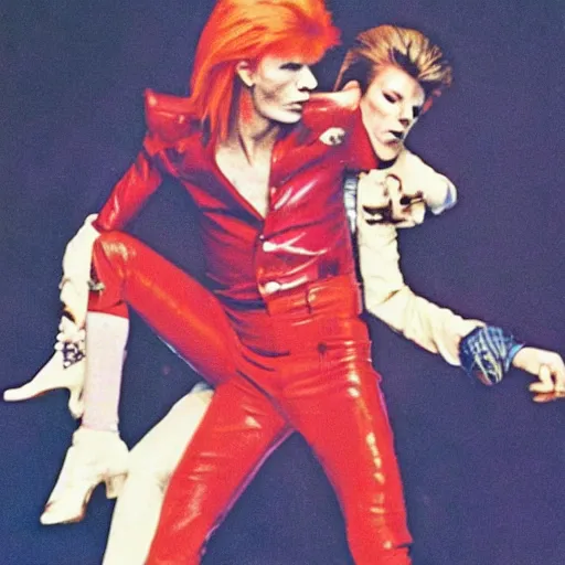 Prompt: david bowie giving a piggy back ride to ziggy stardust. glam rock. cosmic. tex avery