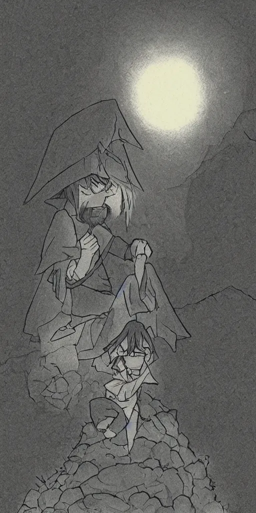 Prompt: a hermit on a mountain with a lamp darkness all around except for the lamp drawn like Watamote anime, fr, tarot card The hermit, minimalistic