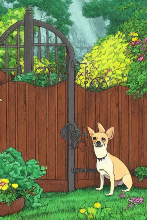 Image similar to A black and tan chihuahua looks through her garden gate, cel shaded cartoon in the style of studio Ghibli, stormy weather, raining, wet, morning, cinematic lighting