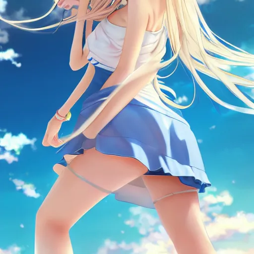 Image similar to a very beautiful young anime tennis girl, full body, long wavy blond hair, sky blue eyes, full round face, short smile, bikini, miniskirt, front view, highly detailed, cinematic wallpaper by stanley artgerm lau